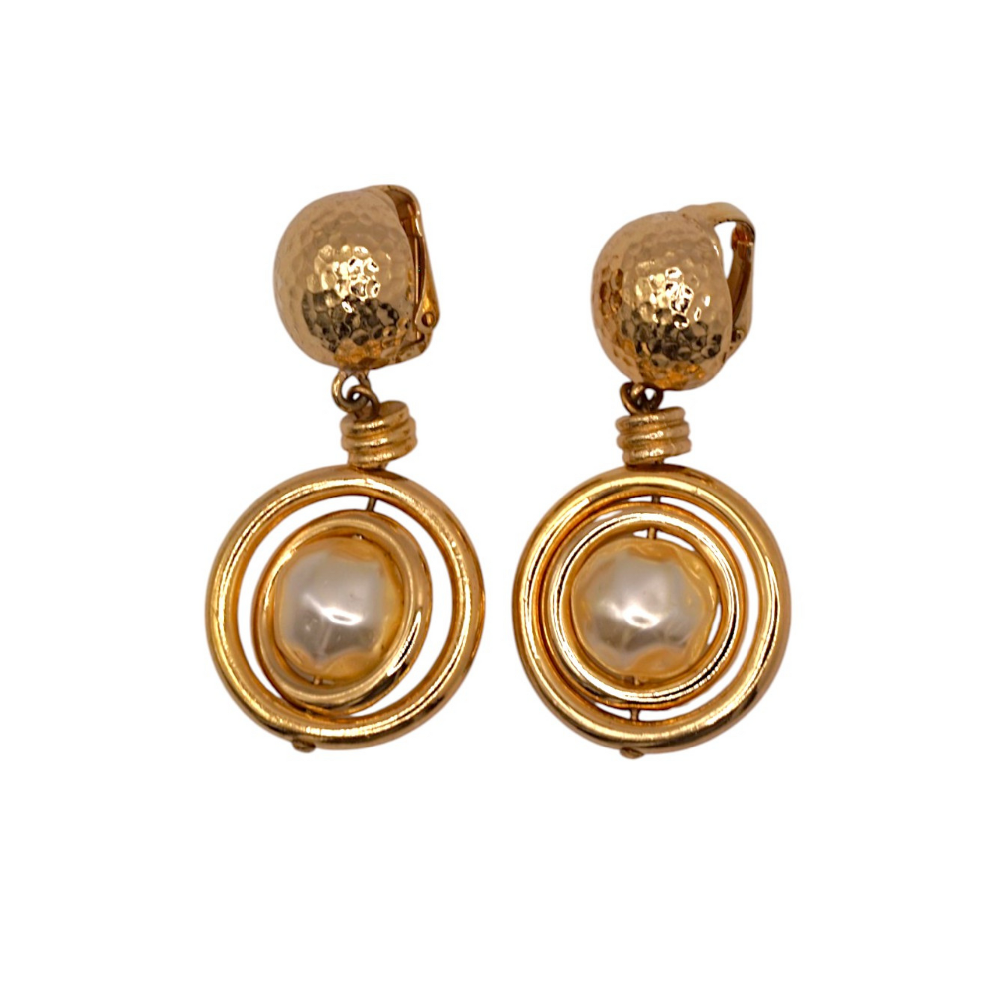 Christian Dior Vintage Gold & Faux Beaten Pearl Rotate Dangle Earrings