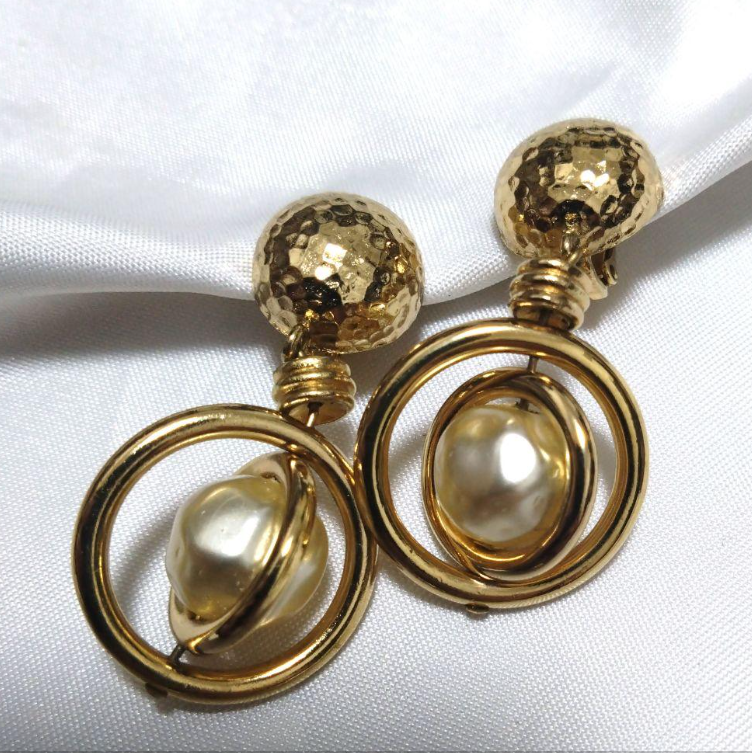 Christian Dior Vintage Gold & Faux Beaten Pearl Rotate Dangle Earrings