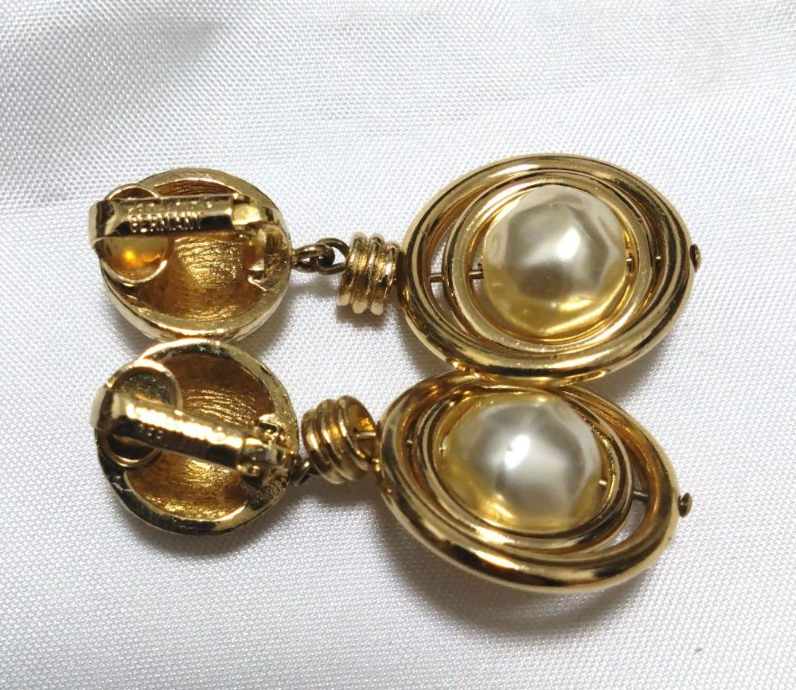 Christian Dior Vintage Gold & Faux Beaten Pearl Rotate Dangle Earrings