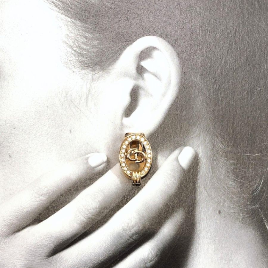 Christian Dior Vintage Rhinestone Oval Gold Clip Earrings