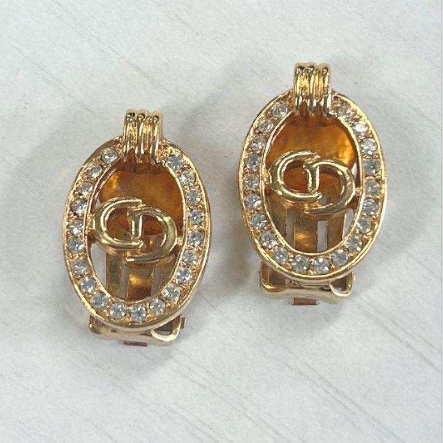 Christian Dior Vintage Rhinestone Oval Gold Clip Earrings