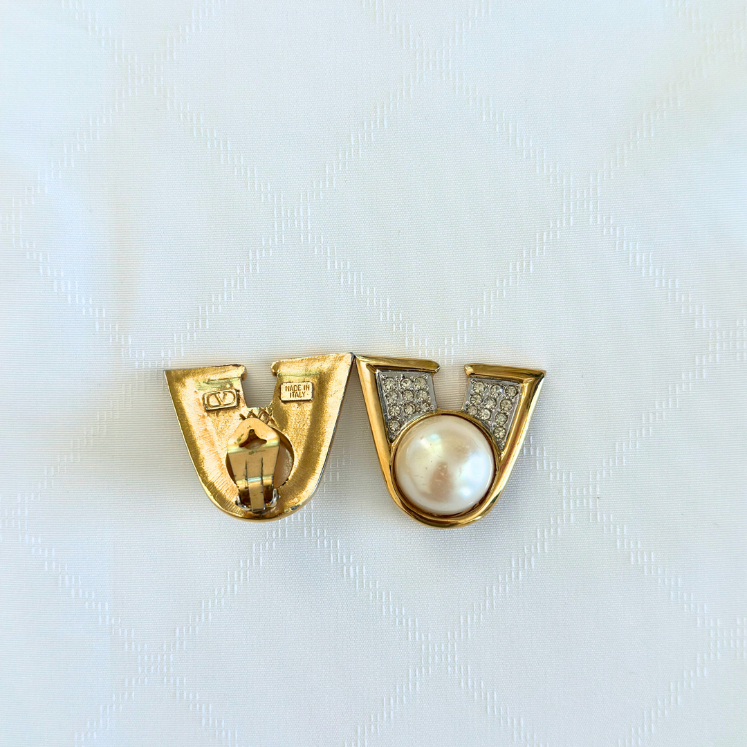 Valentino Vintage Rare Large Pearl and Rhinestone Earrings