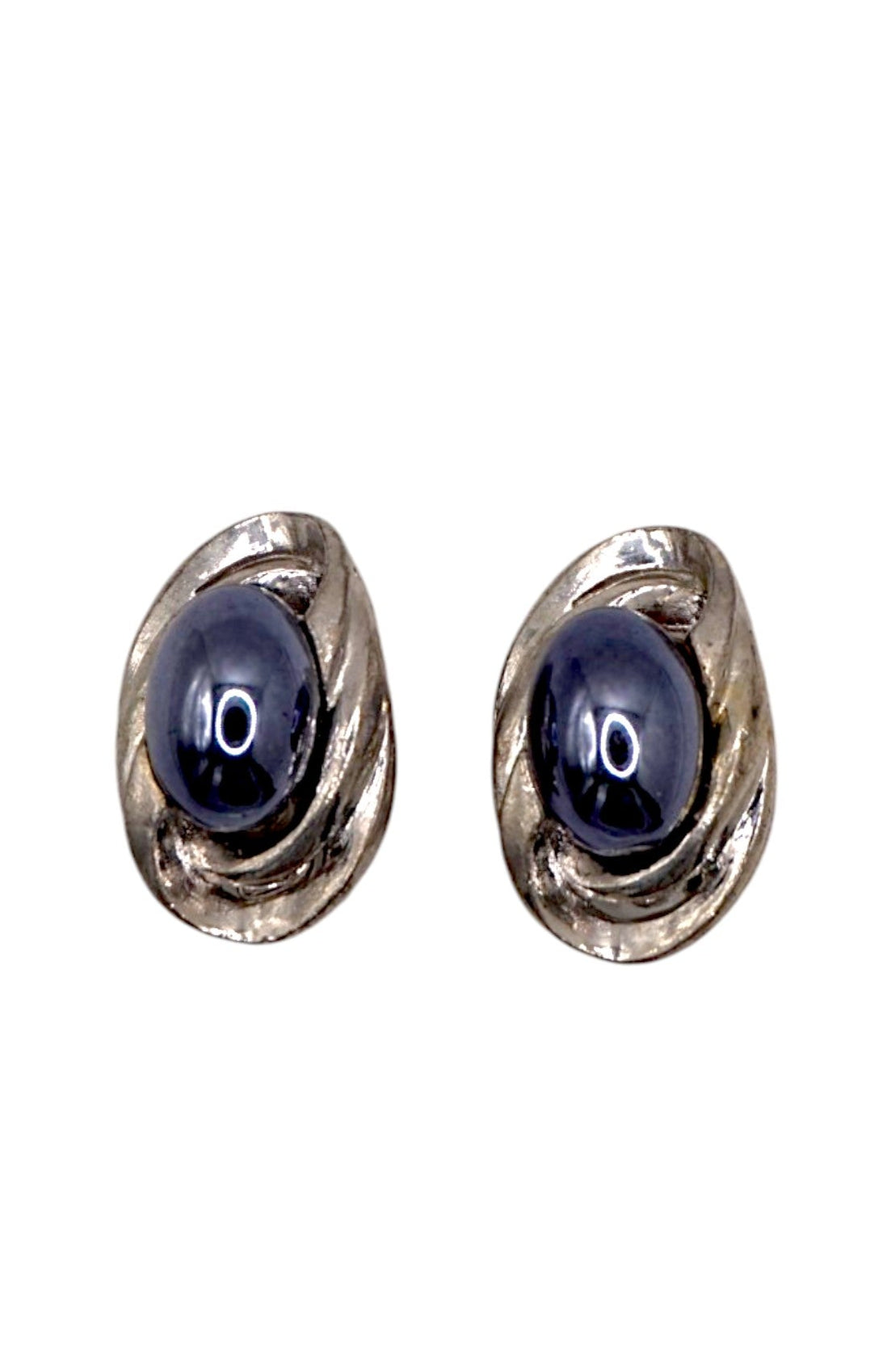 Silver Oval Earrings with Metallic Grey Pearl Like Stone from a Rediscovered Vintage Collection